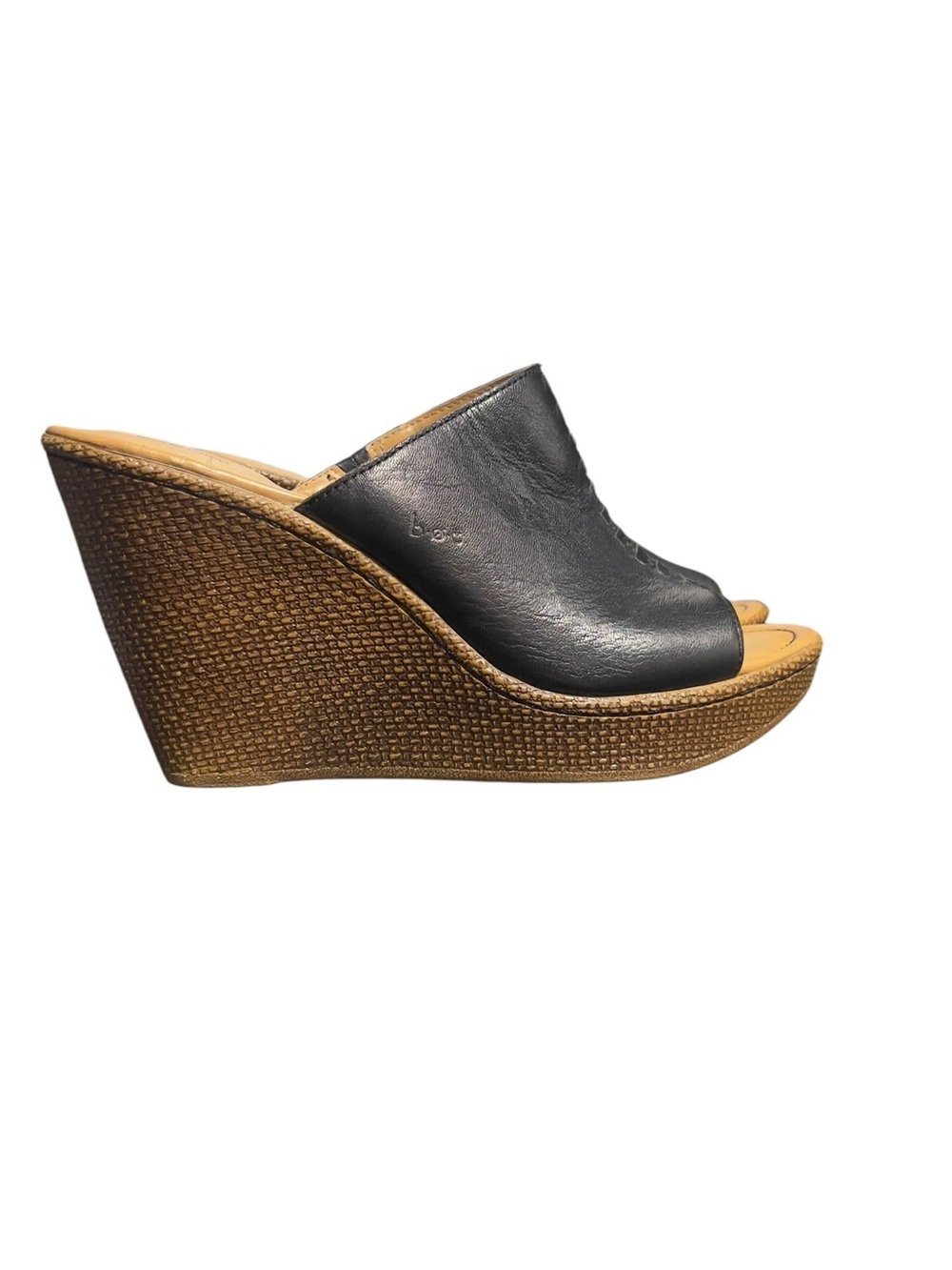 boc Black Leather Wedge Slide with Tan Woven Platform